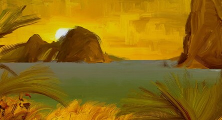 Tropical island. Sunset view. Warm summer evening. Pacific ocean. Seaside. 2d illustration. Digital painting. © Jakub