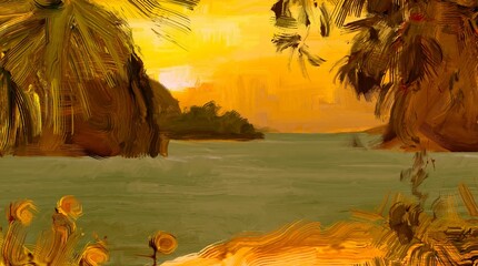 Tropical island. Sunset view. Warm summer evening. Pacific ocean. Seaside. 2d illustration. Digital painting. © Jakub