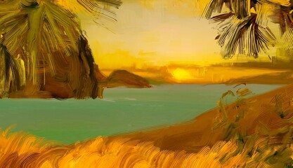 Tropical island. Sunset view. Warm summer evening. Pacific ocean. Seaside. 2d illustration. Digital painting. © Jakub