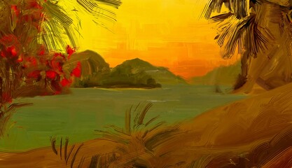 Tropical island. Sunset view. Warm summer evening. Pacific ocean. Seaside. 2d illustration. Digital painting. © Jakub