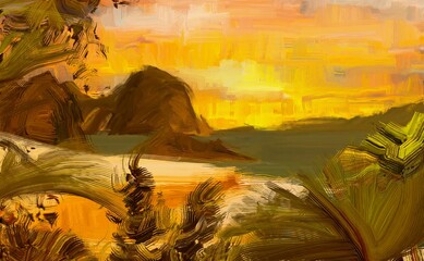 Tropical island. Sunset view. Warm summer evening. Pacific ocean. Seaside. 2d illustration. Digital painting.