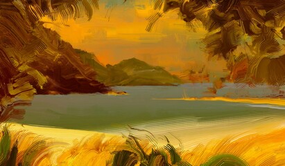 Tropical island. Sunset view. Warm summer evening. Pacific ocean. Seaside. 2d illustration. Digital painting. © Jakub