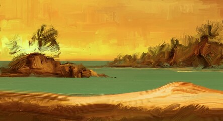 Tropical island. Sunset view. Warm summer evening. Pacific ocean. Seaside. 2d illustration. Digital painting. © Jakub