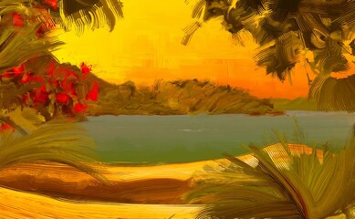 Tropical island. Sunset view. Warm summer evening. Pacific ocean. Seaside. 2d illustration. Digital painting. © Jakub
