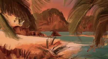 Tropical island. Sunset view. Warm summer evening. Pacific ocean. Seaside. 2d illustration. Digital painting. - obrazy, fototapety, plakaty