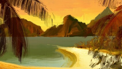 Tropical island. Sunset view. Warm summer evening. Pacific ocean. Seaside. 2d illustration. Digital painting. © Jakub