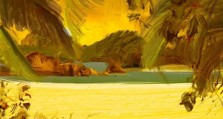 Tropical island. Sunset view. Warm summer evening. Pacific ocean. Seaside. 2d illustration. Digital painting. © Jakub