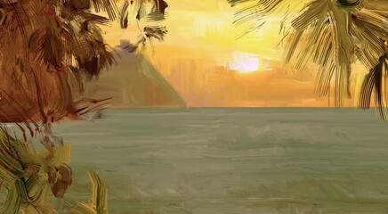Tropical island. Sunset view. Warm summer evening. Pacific ocean. Seaside. 2d illustration. Digital painting. © Jakub