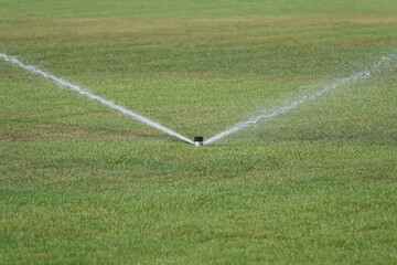 Sprinkler system working on fresh green grass on football (soccer) stadium