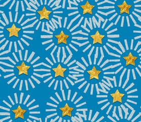 Abstract Brush Radial Circles Golden Textured Stars Seamless Pattern Trendy Fashion Color Design