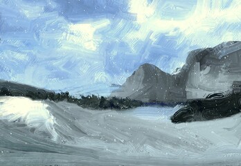 Winter scene painting. 2d illustration. Frozen landscape. © Jakub
