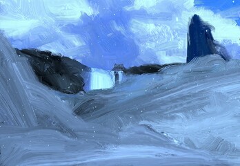 Winter scene painting. 2d illustration. Frozen landscape. © Jakub