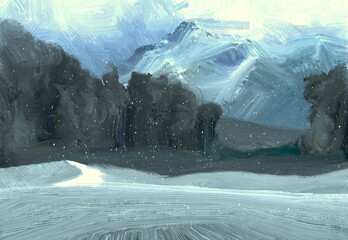 Winter scene painting. 2d illustration. Frozen landscape.