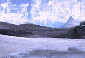 Fototapeta na wymiar Winter scene painting. 2d illustration. Frozen landscape.