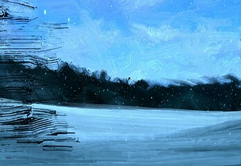 Winter scene painting. 2d illustration. Frozen landscape. - obrazy, fototapety, plakaty