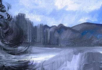 Foto op Aluminium Winter scene painting. 2d illustration. Frozen landscape. © Jakub