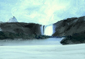 Winter scene painting. 2d illustration. Frozen landscape. © Jakub