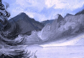 Winter scene painting. 2d illustration. Frozen landscape. - obrazy, fototapety, plakaty
