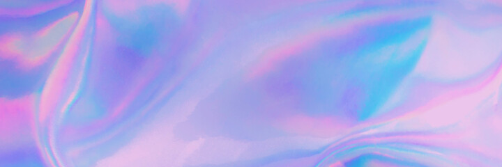 Blurred soft focused abstract trendy rainbow holographic banner background in 80s style. Textile...