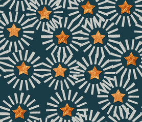 Abstract Brush Radial Circles Golden Textured Stars Seamless Pattern Trendy Fashion Color Design