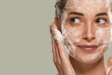 Papier Peint photo Spa Soap face woman clean skin beauty. Color background. Green