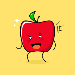 cute red apple character with smile and happy expression, mouth open and sparkling eyes. green and red. suitable for emoticon, logo, mascot and icon