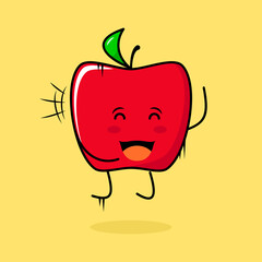 cute red apple character with smile and happy expression, jump, close eyes and mouth open. green and red. suitable for emoticon, logo, mascot and icon