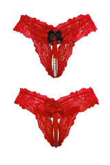 Detail shot of red sexy panties with lace frills, decorative pearls and black silk bows. The erotic lingerie with a cutout in the intimate area is isolated on a white background. Front and back views.