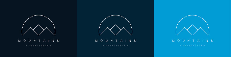Mountains logos set. Travel and mountain sports concept. Modern linear style. Vector illustration