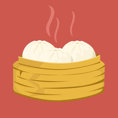 fresh streamed Chinese buns in a wooden bowl