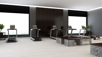 Black blank wall in wooden gym interior with wooden theme