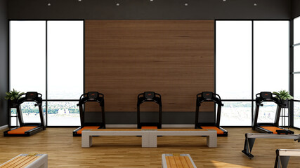 Black blank wall in wooden gym interior with wooden theme