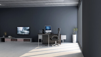 modern business office manager room with 3d design interior for company wall logo mockup