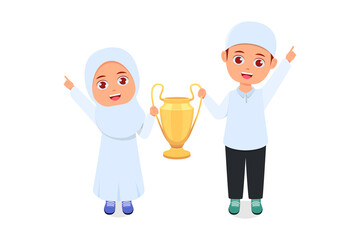 Cute girl and boy holding trophies