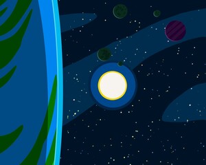 Vast, cold space. Cartoon style distant galaxies digital art. Interstellar Nebulae. Interplanetary space. Mysterious universe. Deep cosmos. Science fiction background with planets and moons. © Jakub