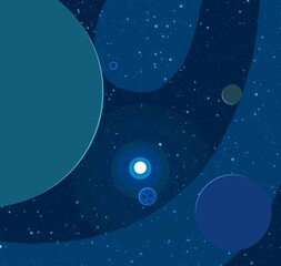 Naklejka premium Vast, cold space. Cartoon style distant galaxies digital art. Interstellar Nebulae. Interplanetary space. Mysterious universe. Deep cosmos. Science fiction background with planets and moons.