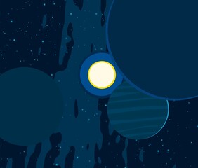 Vast, cold space. Cartoon style distant galaxies digital art. Interstellar Nebulae. Interplanetary space. Mysterious universe. Deep cosmos. Science fiction background with planets and moons. © Jakub