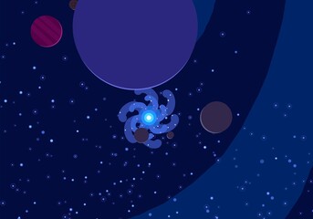 Vast, cold space. Cartoon style distant galaxies digital art. Interstellar Nebulae. Interplanetary space. Mysterious universe. Deep cosmos. Science fiction background with planets and moons. © Jakub