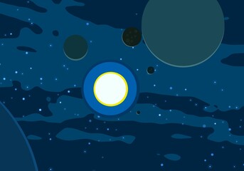 Vast, cold space. Cartoon style distant galaxies digital art. Interstellar Nebulae. Interplanetary space. Mysterious universe. Deep cosmos. Science fiction background with planets and moons. © Jakub