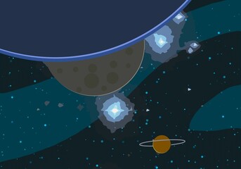 Vast, cold space. Cartoon style distant galaxies digital art. Interstellar Nebulae. Interplanetary space. Mysterious universe. Deep cosmos. Science fiction background with planets and moons. © Jakub