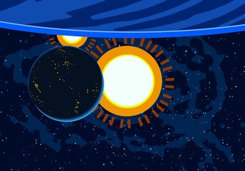 Vast, cold space. Cartoon style distant galaxies digital art. Interstellar Nebulae. Interplanetary space. Mysterious universe. Deep cosmos. Science fiction background with planets and moons. © Jakub