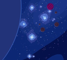 Vast, cold space. Cartoon style distant galaxies digital art. Interstellar Nebulae. Interplanetary space. Mysterious universe. Deep cosmos. Science fiction background with planets and moons.