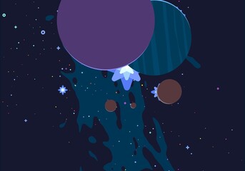 Vast, cold space. Cartoon style distant galaxies digital art. Interstellar Nebulae. Interplanetary space. Mysterious universe. Deep cosmos. Science fiction background with planets and moons. © Jakub