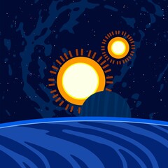 Vast, cold space. Cartoon style distant galaxies digital art. Interstellar Nebulae. Interplanetary space. Mysterious universe. Deep cosmos. Science fiction background with planets and moons. © Jakub