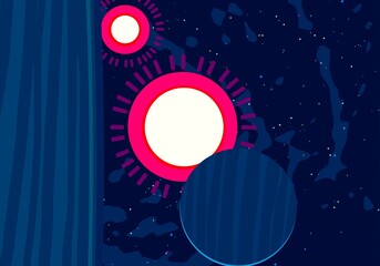 Vast, cold space. Cartoon style distant galaxies digital art. Interstellar Nebulae. Interplanetary space. Mysterious universe. Deep cosmos. Science fiction background with planets and moons. © Jakub