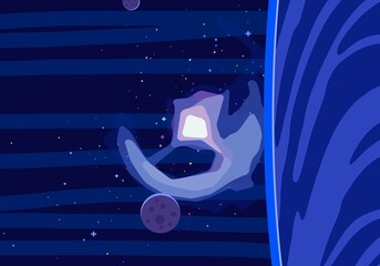 Vast, cold space. Cartoon style distant galaxies digital art. Interstellar Nebulae. Interplanetary space. Mysterious universe. Deep cosmos. Science fiction background with planets and moons. © Jakub