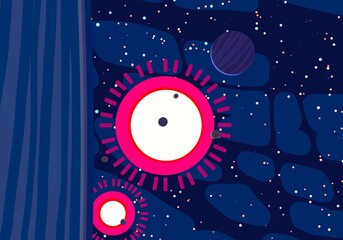 Fototapeta premium Vast, cold space. Cartoon style distant galaxies digital art. Interstellar Nebulae. Interplanetary space. Mysterious universe. Deep cosmos. Science fiction background with planets and moons.