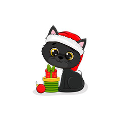Cute cartoon black kitten in red hat with christmas gift for your design. Black cat. Xmas.