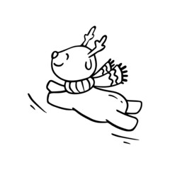 The reindeer fly across the sky. New Year. Christmas. Xmas.Cartoon deer.Contour.Coloring page.