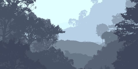 Trees in the fog. Deep forest haze. Hills covered by plants and foliage. Shrubs and bushes. Majestic view. Deep forest.
